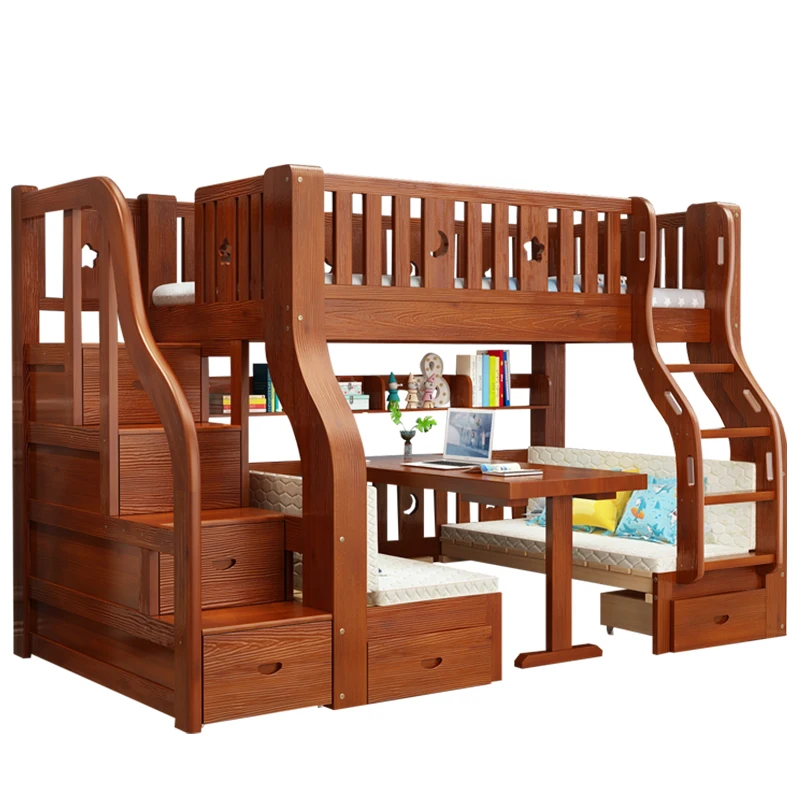 
Children Double Kids Solid Wood Pine Bunk Beds With Stairs Study Table In Wood 