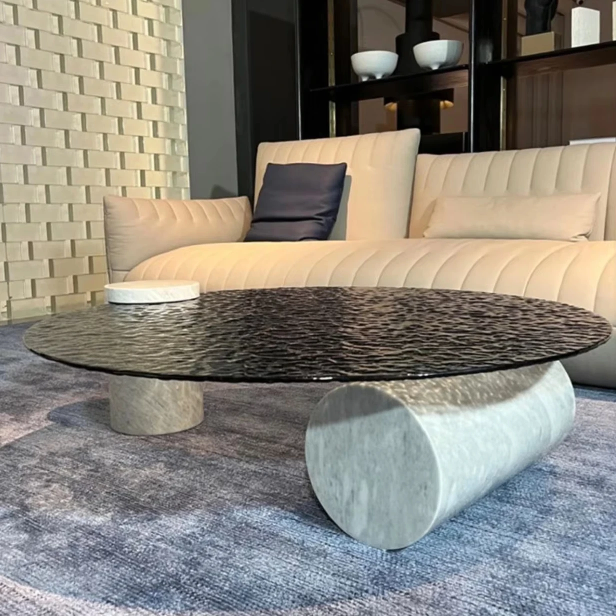 Modern simple living room office marble coffee table furniture water corrugated tempered glass round coffee table