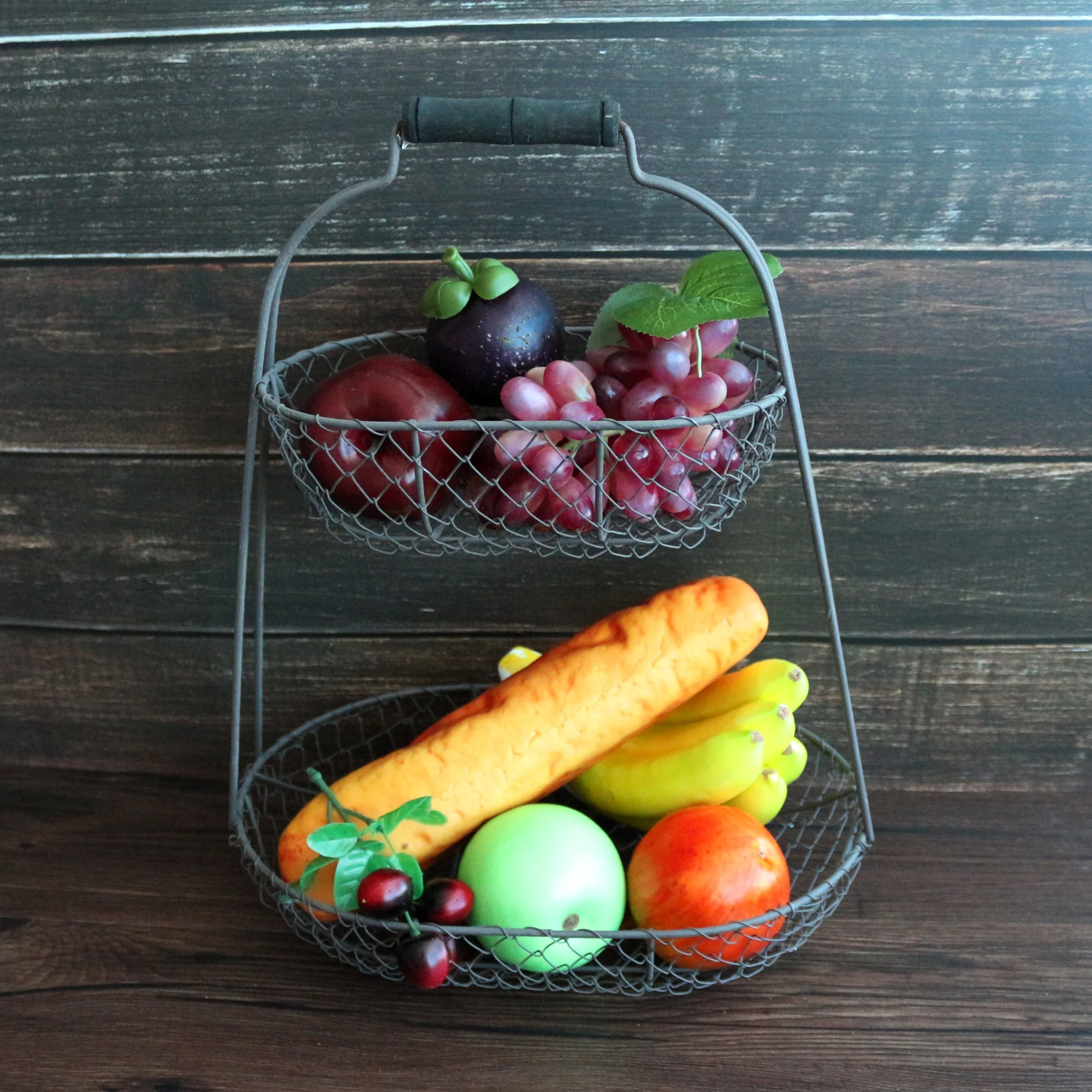 
Rustic Chicken Wire 2 Tier Fruit Basket Metal Gathering Basket with Handle Country Vintage Style Storage Basket. Rusty, 12-3/4 X 