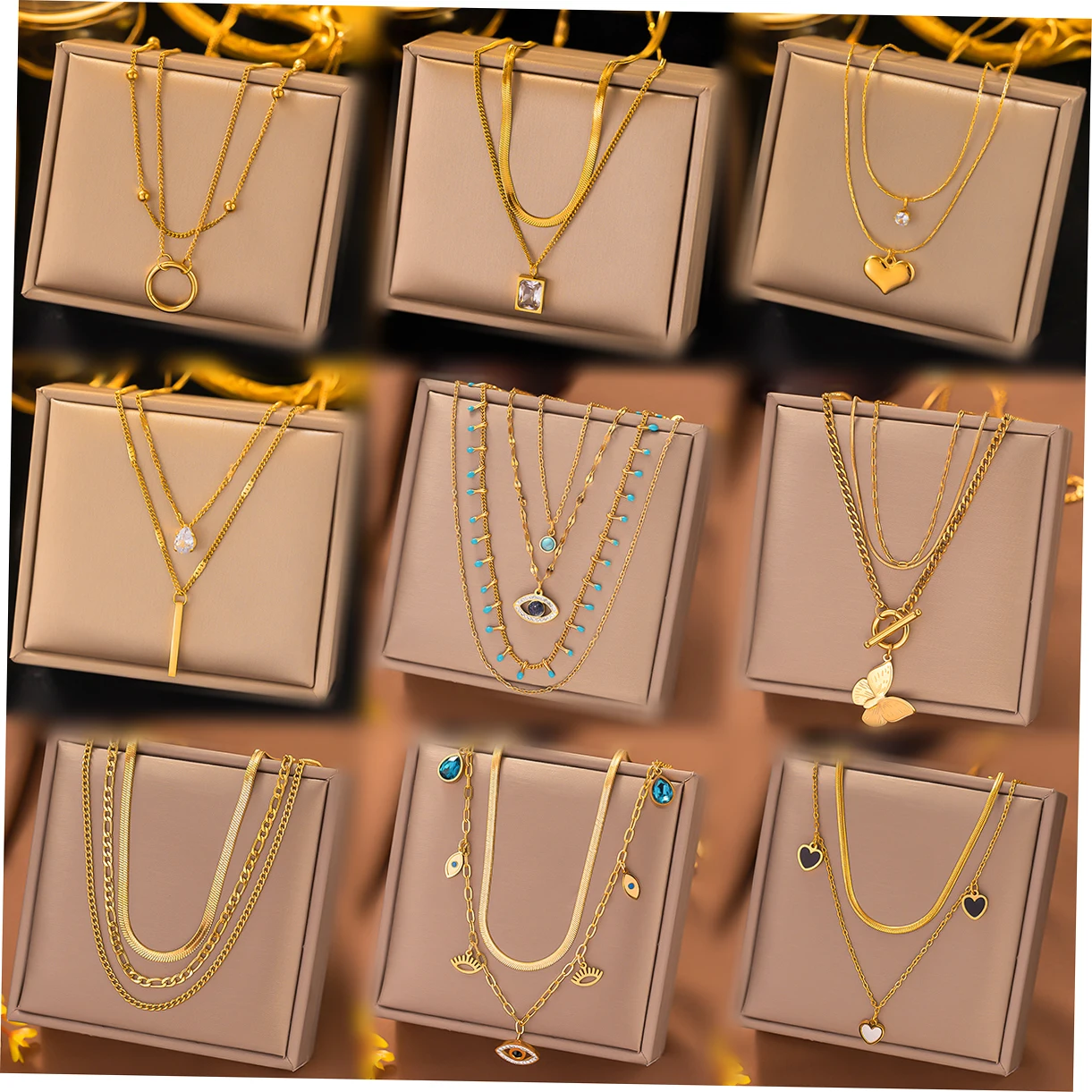 Luxury 18k Gold Plated Stainless Steel Pearl Zircon Heart Butterfly Layered Pendant Necklace Women Eyes Turquoise Chain Necklace