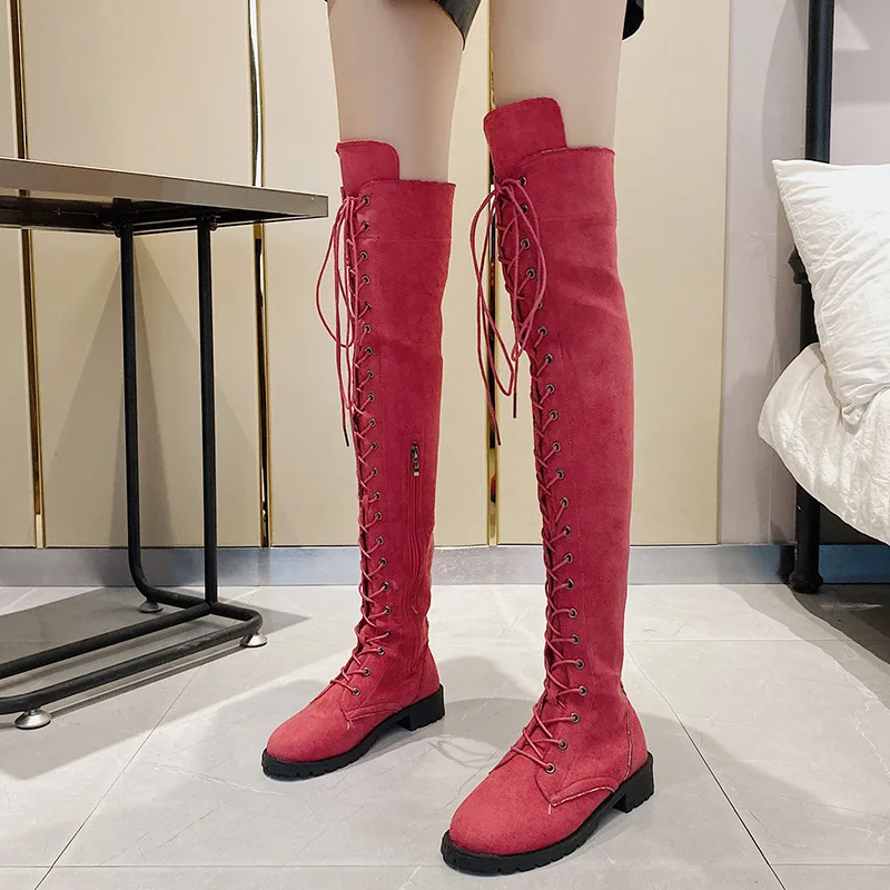 Wholesale ladies Thigh Boot Round Toe Breathable Faux Suede Thick Soled Lace Up Over The Knee Boots for women