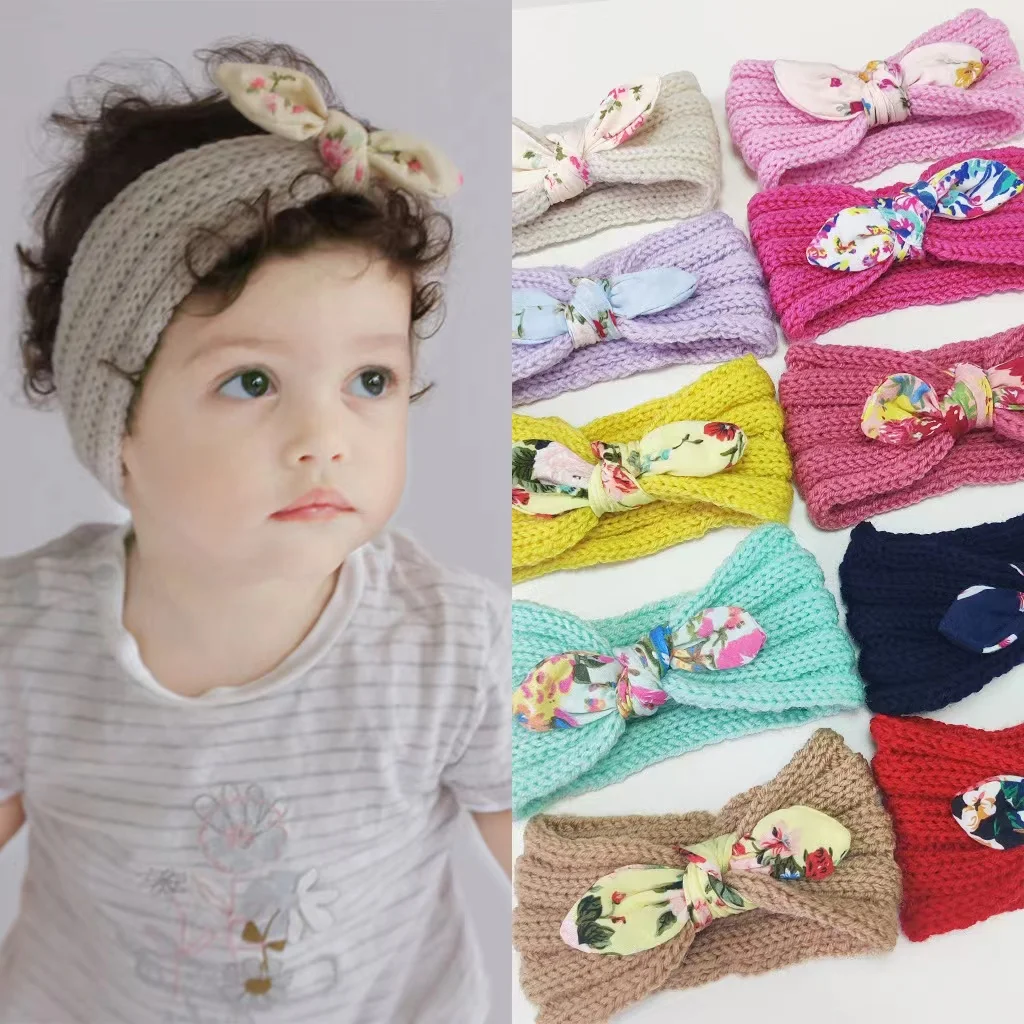 Hot Selling Warmer Baby Turban New Designs Knitted Winter Rabbit Ears Headband With Bow