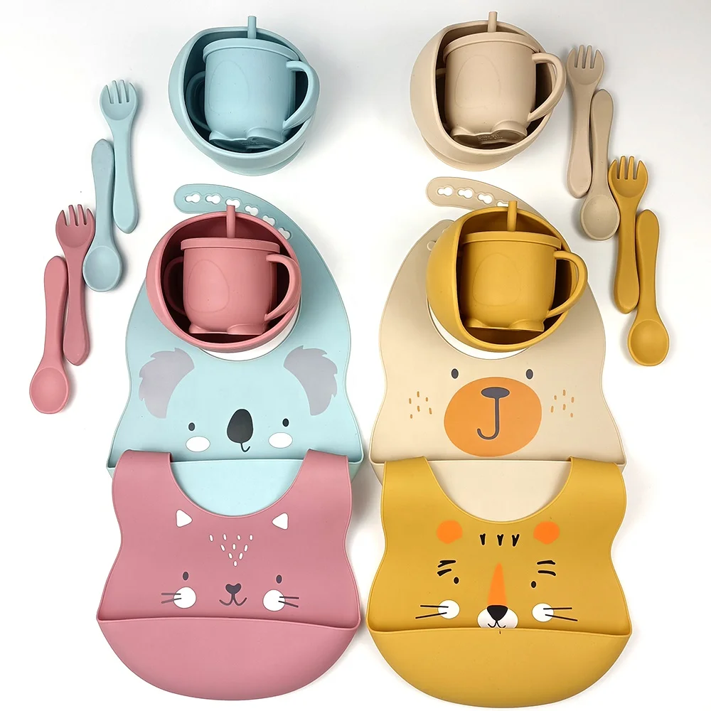 Toddler First Training Utensils Baby Led Weaning Stage Silicone Bibs and Bowls BPA Free Silicone Baby Feeding Set