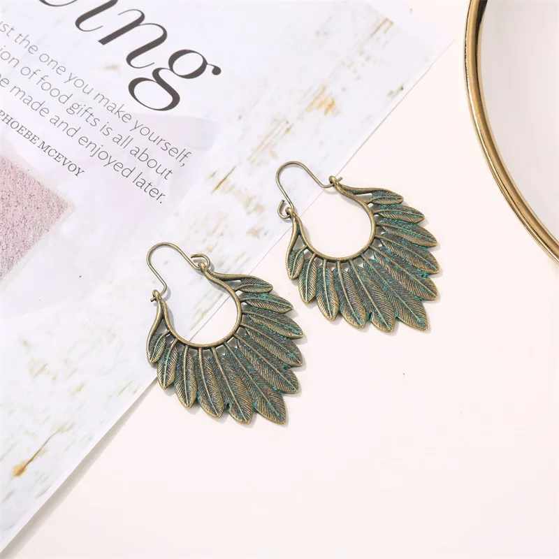 Metal Leaf Hoop Earrings Boho Tribal Rustic Aqua Feather Statement Earrings Bronze and Turquoise Jewelry