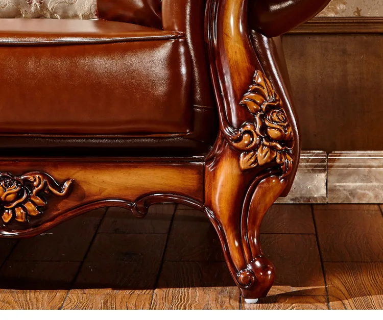 European leather sofa solid wood carved flower head layer cowhide high-grade American sofa