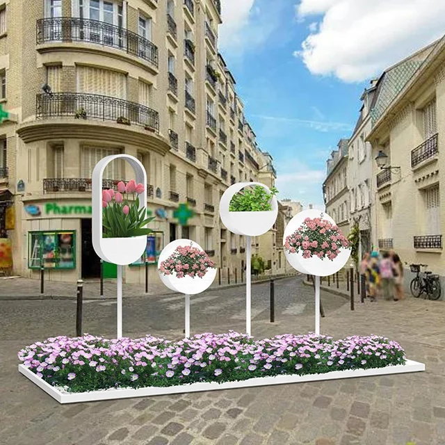 Galvanized Steel street flower planter rock on the road and the roadside for garden