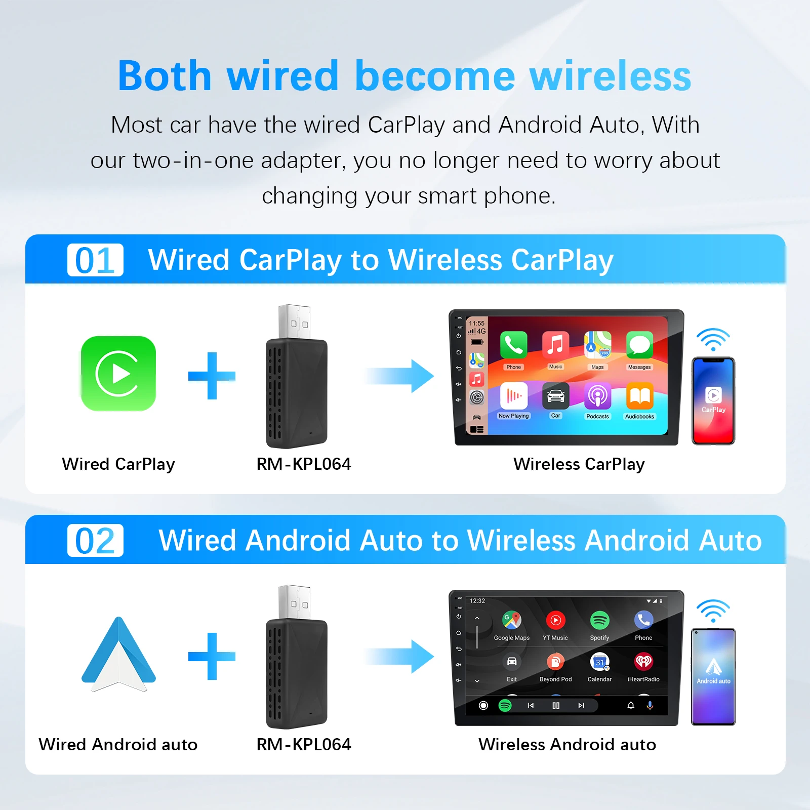 2024 New Release Wireless Carplay & Wireless Android Auto 2 in1 WiFi Dongle for Car Android Player Plug and Play