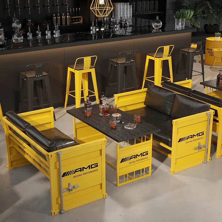 Creative Restaurant Dining Table & Chair Set Container Style Coffee Table Set Industrial Metal Bar Table & Chairs