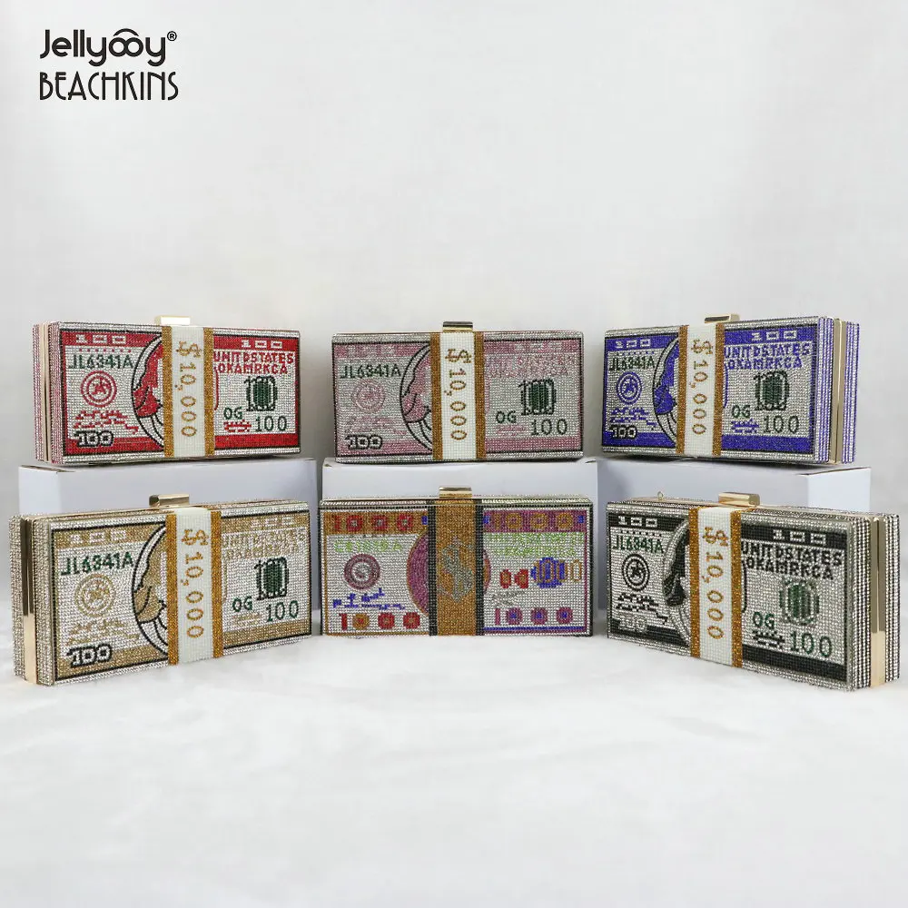 Jellyooy BEACHKINS Luxury Diamond USD Dollar Evening Bags Bling Rhinestone Crystal Purse Clutches 8 Colors Money Party Bag