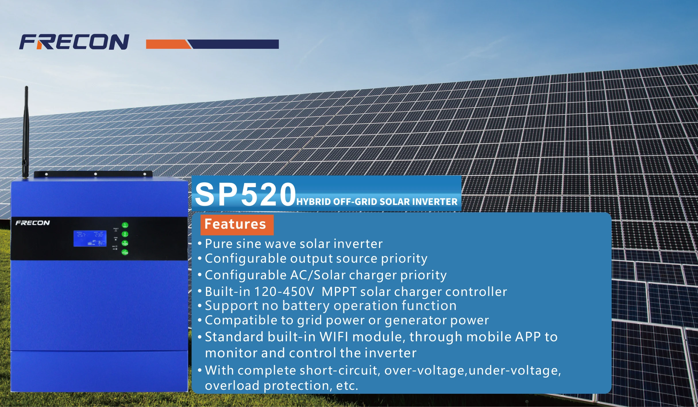 Factory Price Frecon SP520 3.5KW Mppt Intelligent Controller 24V Solar Off Grid Inverter Battery Free Start Mppt Charger