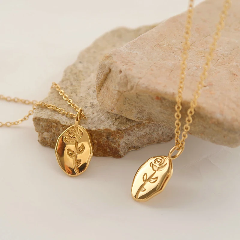 Irregular 18K Gold Plated Metal Birth Month Flora Rose Flower Floral Personalized Gift For Her Stainless Steel Pendant Necklace
