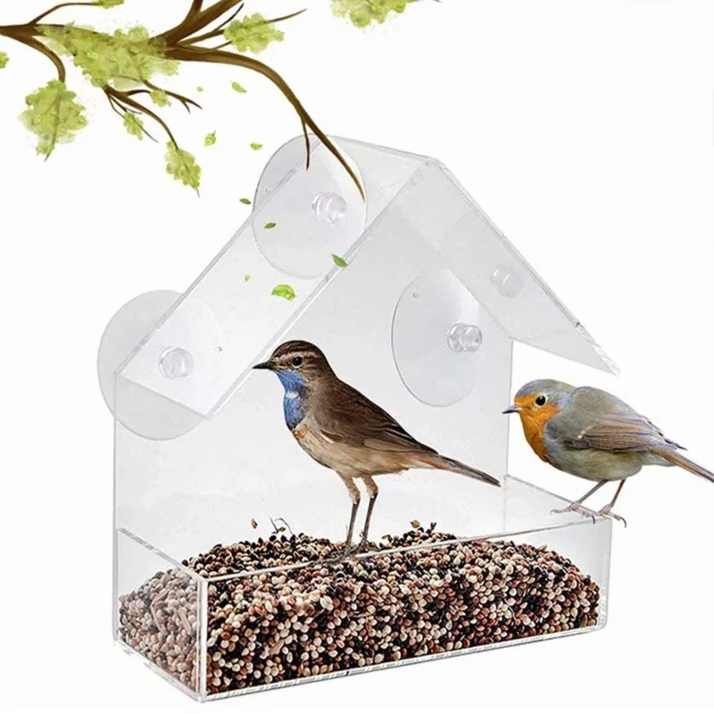 Besafe Outdoor Small Transparent Hanging Birdhouse Feeders Window Bird Feeder with 3 Strong Suction Cups and Seed Tray
