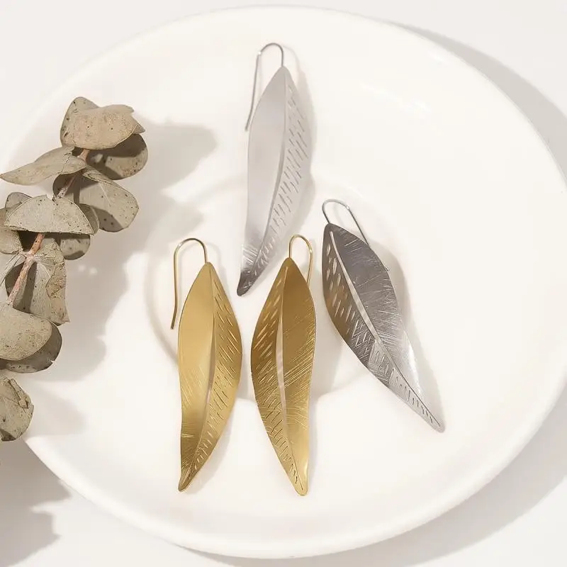 Fashion No Tarnish 316L 18K Gold Plated Stainless Steel Jewelry Feather Earrings For Women