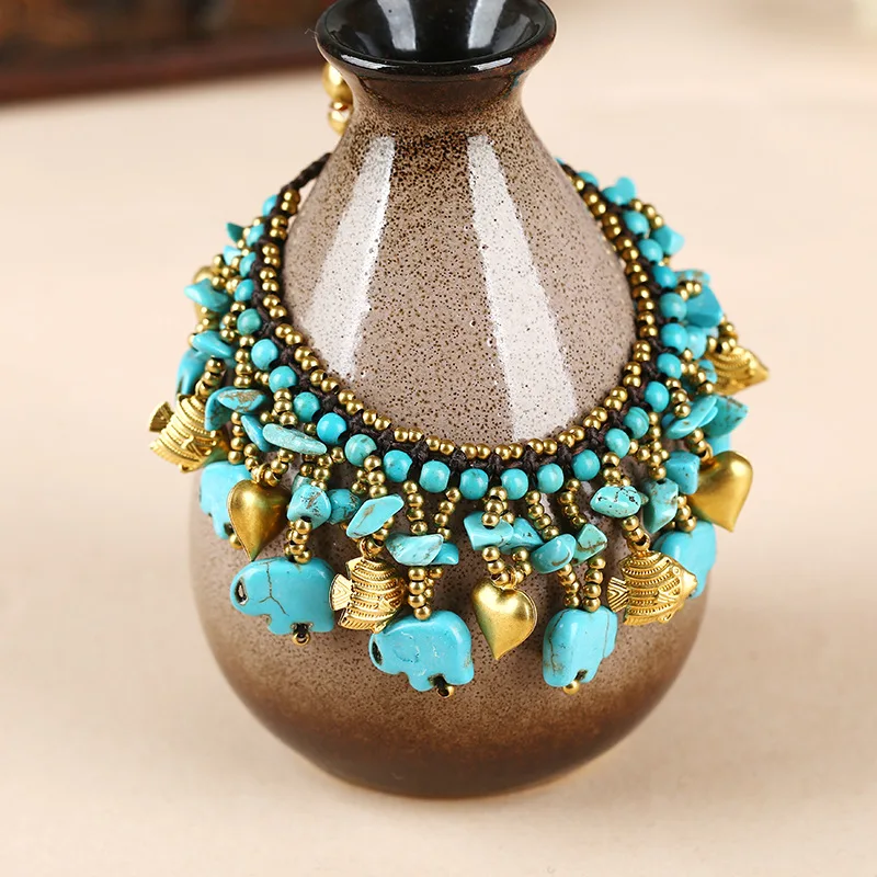 Bohemian Pine Stone Copper Elephant Bracelet Handmade Wax Thread Beaded Colorful Bracelet Female Accessories