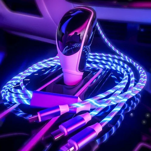 
2020 hot products factory wholesale led light usb cable flowing light 3in1 usb cable glowing luminous 3 in 1 charging usb cable 