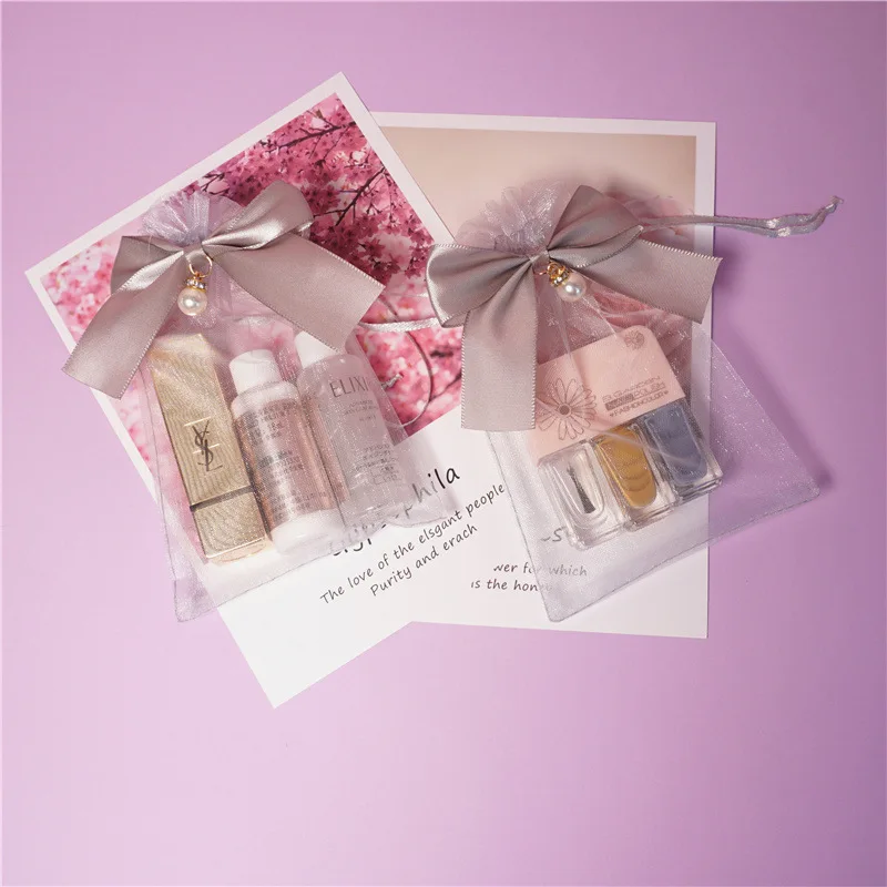 Mesh Organza Pouches Gift Bags with Ribbon Bow and Pearl Drawstring Organza Bag for Cosmetics