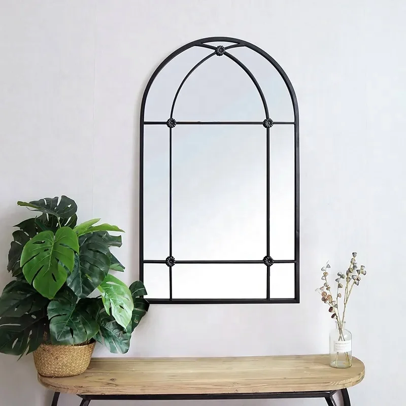 Factory custom large black iron frame arched antique decor wall mirror big vintage outdoor garden wall mirror miroir spiegle