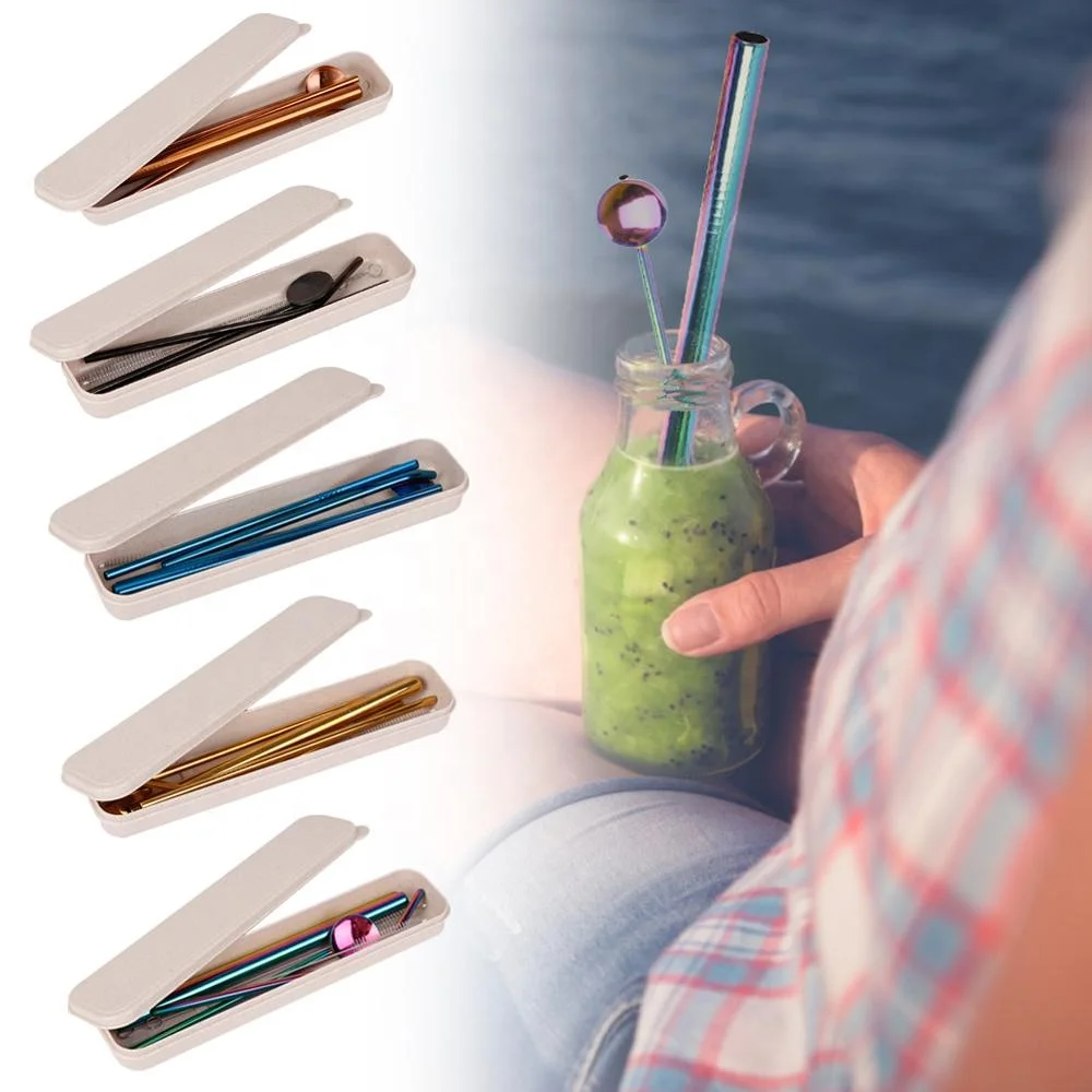 7pcs Stainless Steel Eco-Friendly Drinking Straw Spoon Set Reusable Straw with Cleaning Brush Spoon Wheat Case For Bar Party