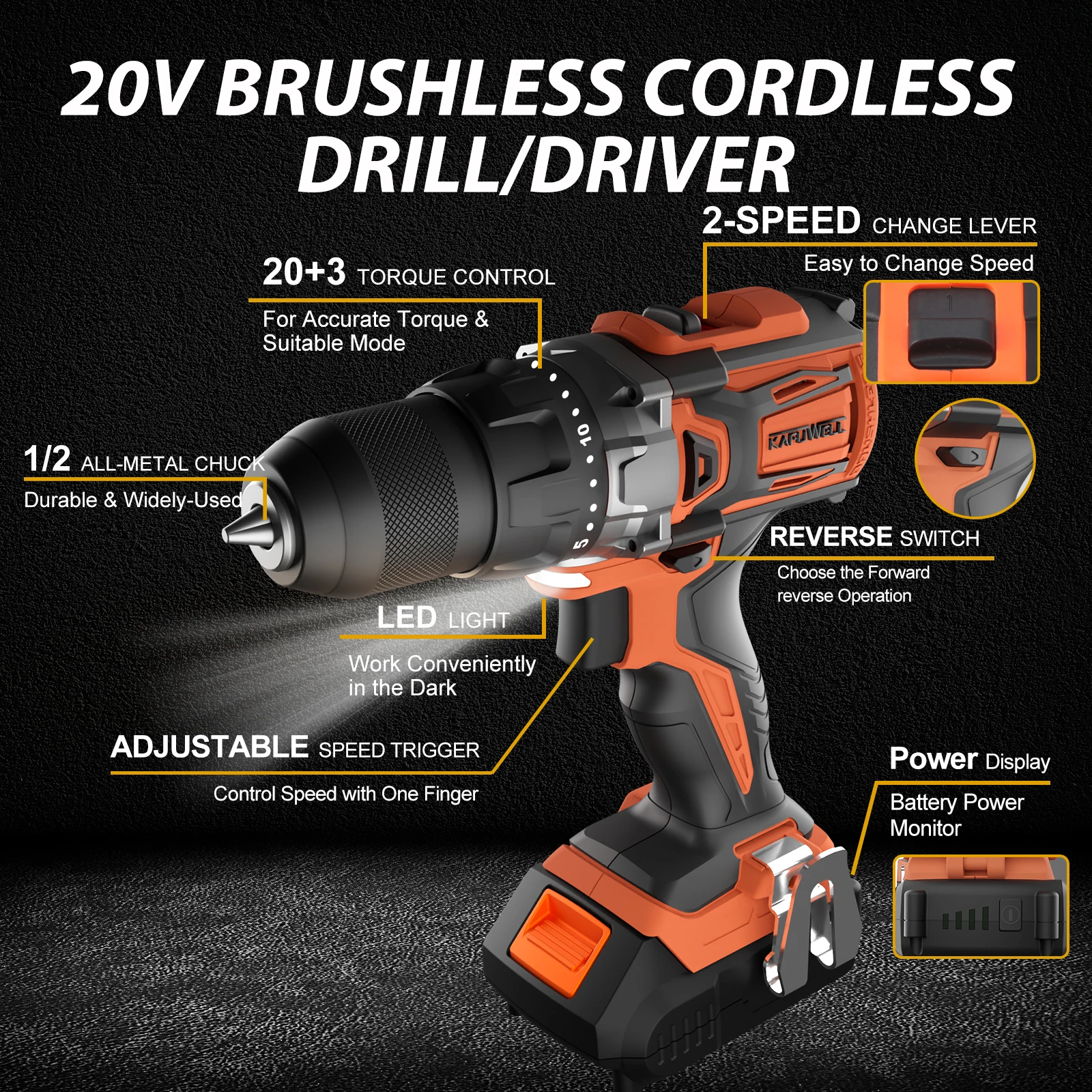 KAFUWELL PA4501HB-W-4D-1 Cordless Drill Set Impact Drill Power Drill Set With 4.0AH Lithium Ion Batteries And 1 Charger