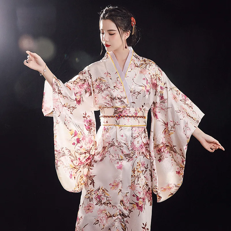 Woman Lady Japanese Tradition Yukata Satin Kimono With Obi Flower Vintage Evening Dress Cosplay Costume One Size