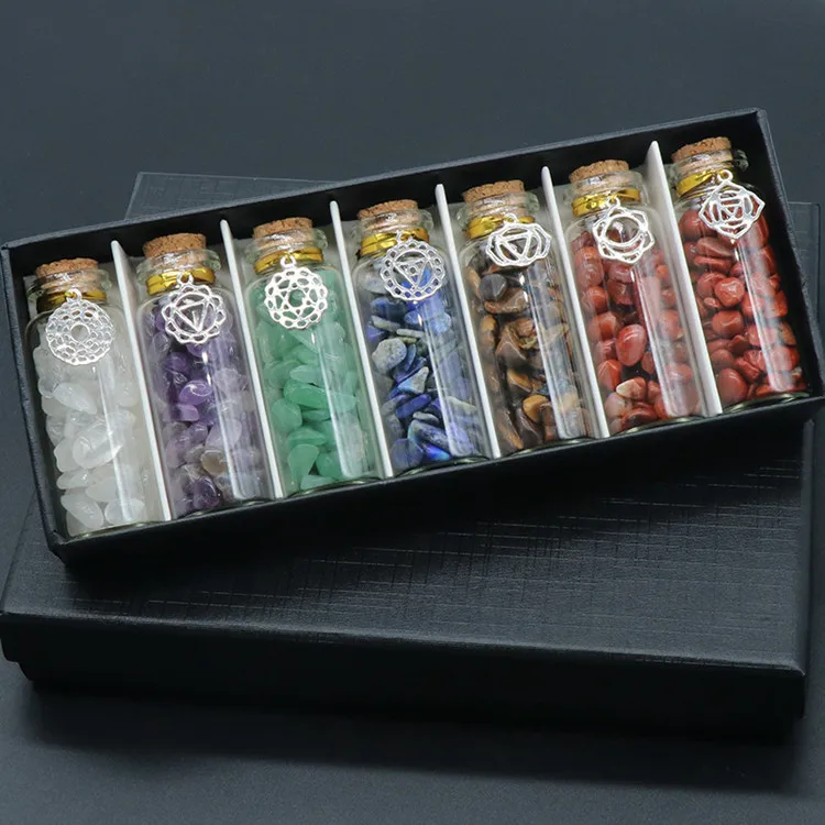 High quality natural crystal gravel set seven colors yoga stones  seven chakra wishing bottle symbol style