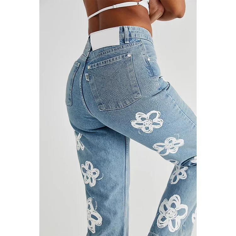 Cheap Price Printing Flower Women Light Blue High Waist Jeans Pants Tall Women Jeans For Wholesales