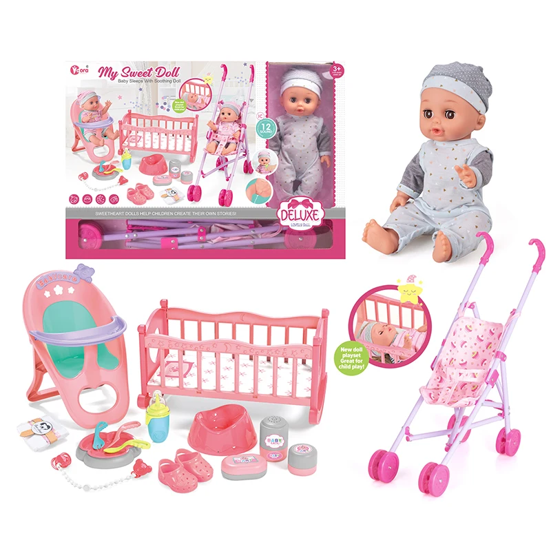 12 Sounds 14 Inch Drinking Water Pee Silicone Baby Reborn Doll Stroller Pretend Play Toys for Kids Girls Dolls Accessories Toys