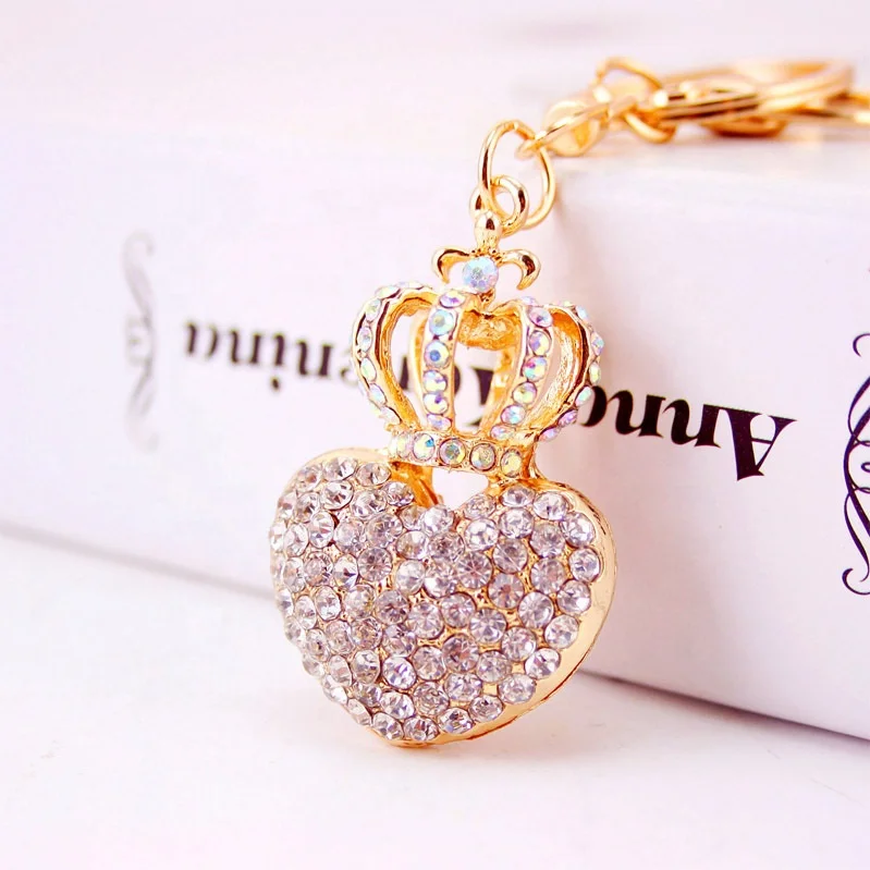Low MOQ Promotional Rhinestones colorful Crown Heart Shaped Lover Car Metal keychain
