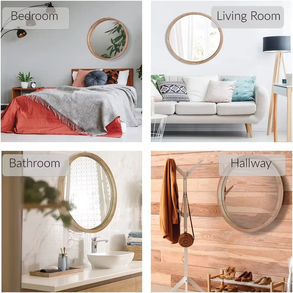 Bath Mirrors Wood Framed Decorative Round Customized Wall Mounted Makeup Mirror Bamboo Circle Mirror for Bathroom Entryway