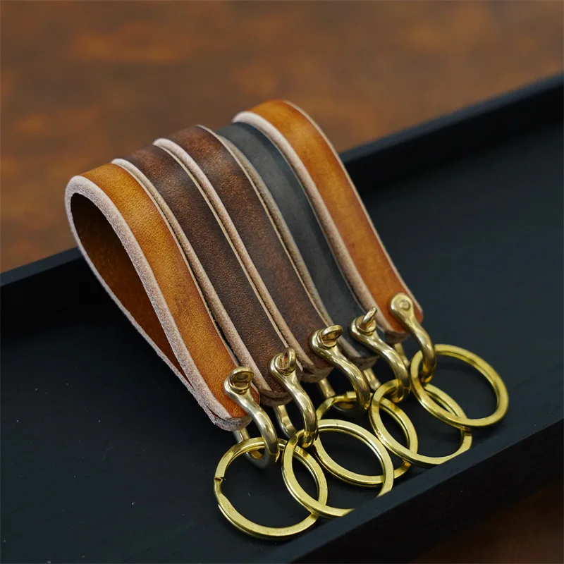 Wholesale Cowhide Keychain Wholesale Car Keychain Accessories Brass Horseshoe Buckle Cowhide Brushed Color Pendant Key Ring