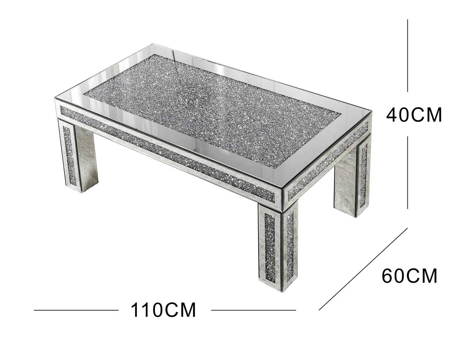 Rectangular Modern Luxury Mirrored Furniture Sliver Centre Table Crushed Diamond Mirrored Coffee Table for Living Room