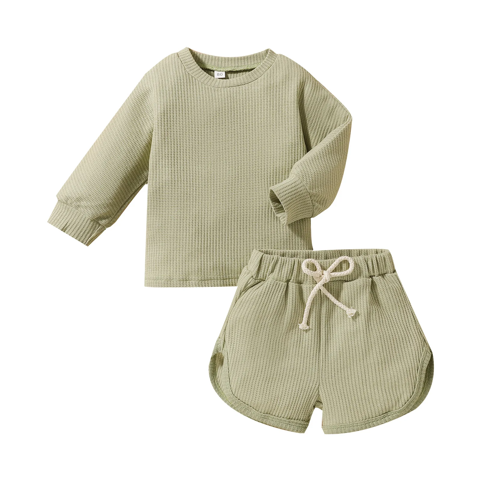 17324 Logo Custom Children Baby Boys Girls Long Sleeve Top Draw-string Shorts Cotton Toddler Waffle Kids Set