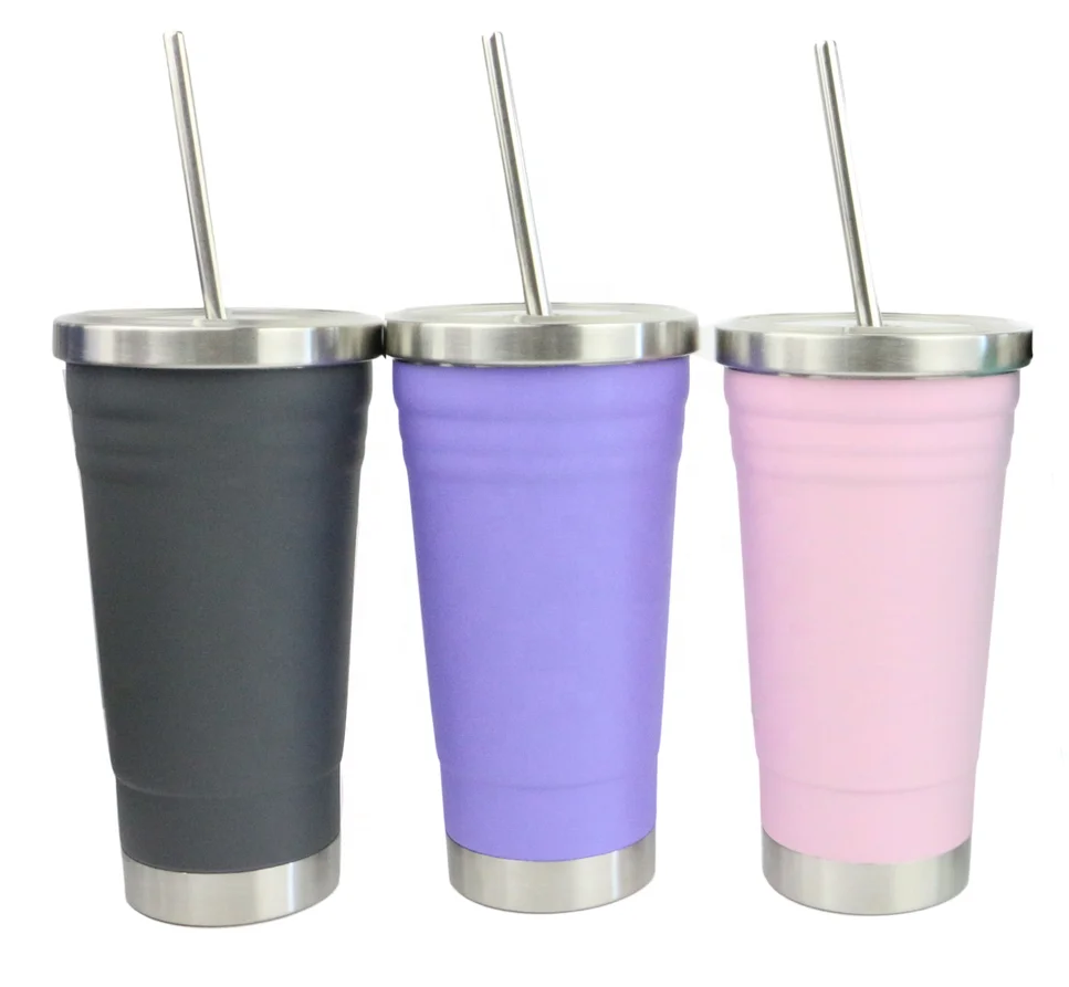 powder coating finish Insulated Stainless Steel smoothie cup 500ml with stainless steel Straw
