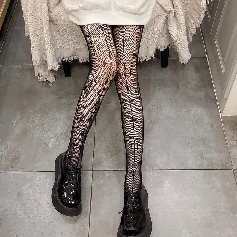 Transparent Cross Pattern Jacquard Sexy Pantyhose Cutout Women Fishnet Lace Stockings