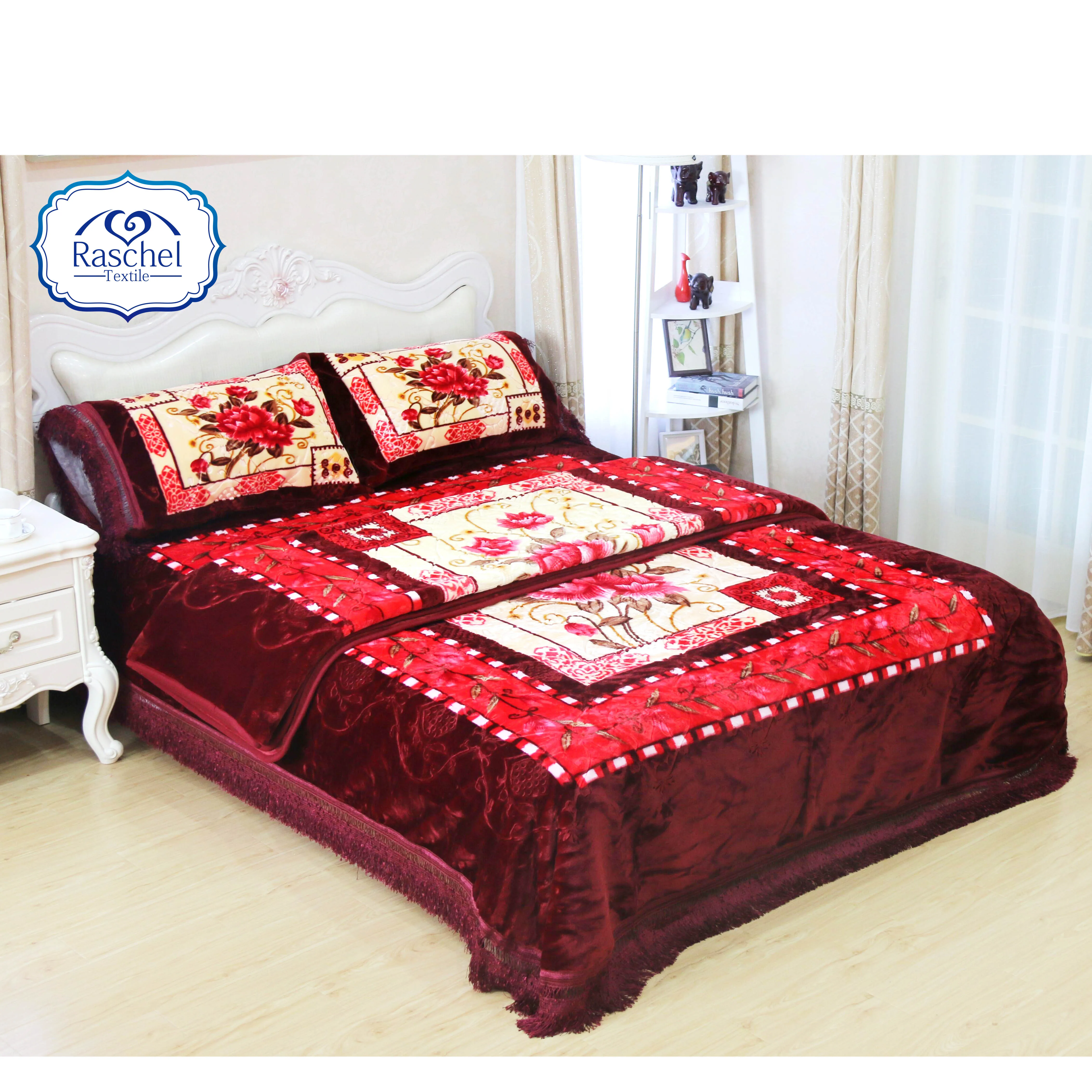 100% Polyester four pcs raschel blanket bedding set