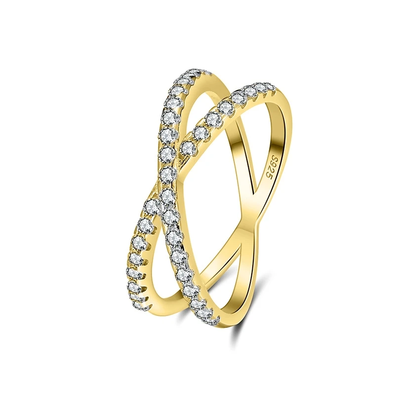 SR240 RINNTIN 925 стерлингового серебра 14k позолоченное X кольцо имитация бриллианта CZ крестовое для женщин