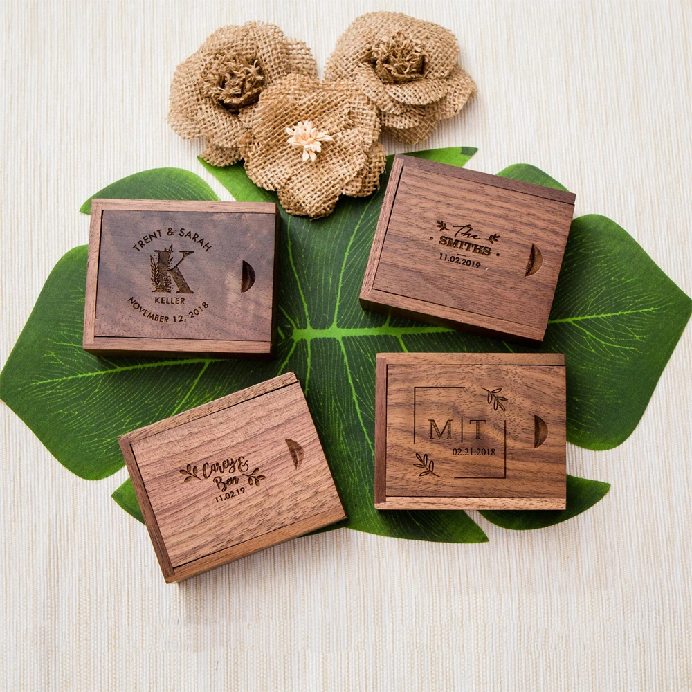 Factory Wholesale Sliding Lid Storage Keepsake Small Handmade Wooden Personalise Gift Wedding Engraved USB Box