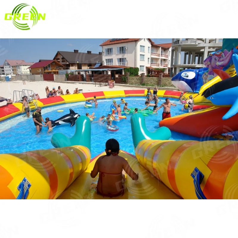 Green pool pillow slides Inflatable water park pool slide ladder water slides inflatable for kids and adults