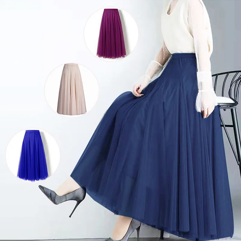 720 Degrees Fashion Women Mesh Ballet Tulle Long Pleated Skirt A-line Elastic Waist Girls Sweet Big Hem Lining Casual Skirt