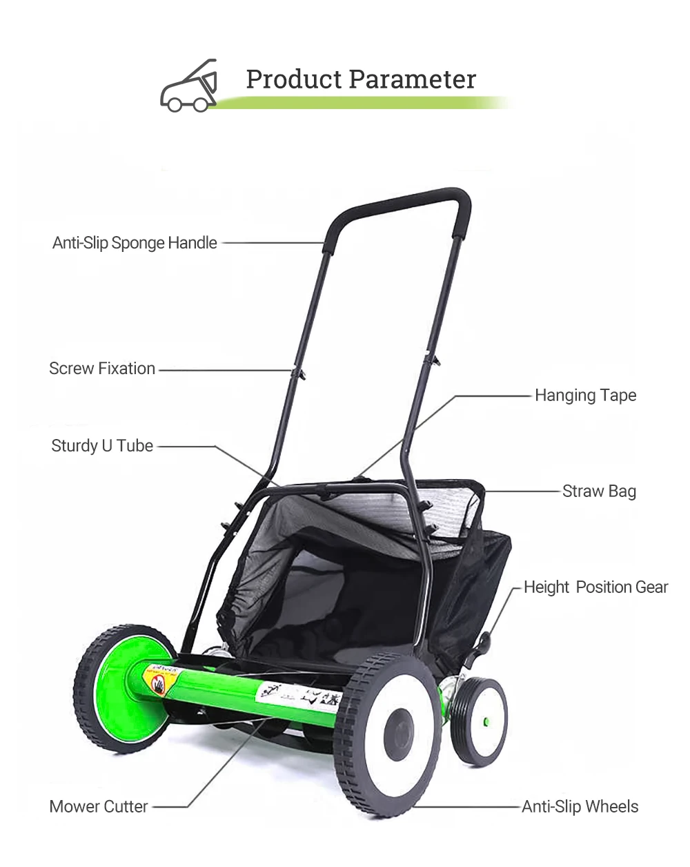 Scojet Garden Tools Hob 4 Wheels 16-20 inch Hand Push Lawn Mower Reel Mower Manual Cutting Grass Car