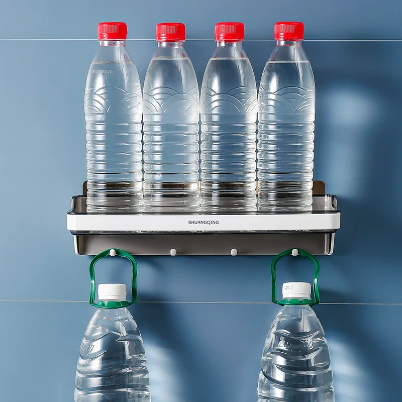 Bathroom kitchen wall mounted No drilling  plastic storage rack storage holder shelf with 4 hook wall organizer