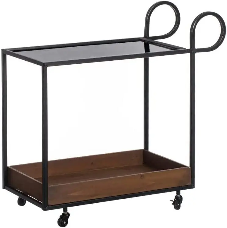 Modern minimalist iron bar cart with wood and glass decoration, domestic kitchen trolley
