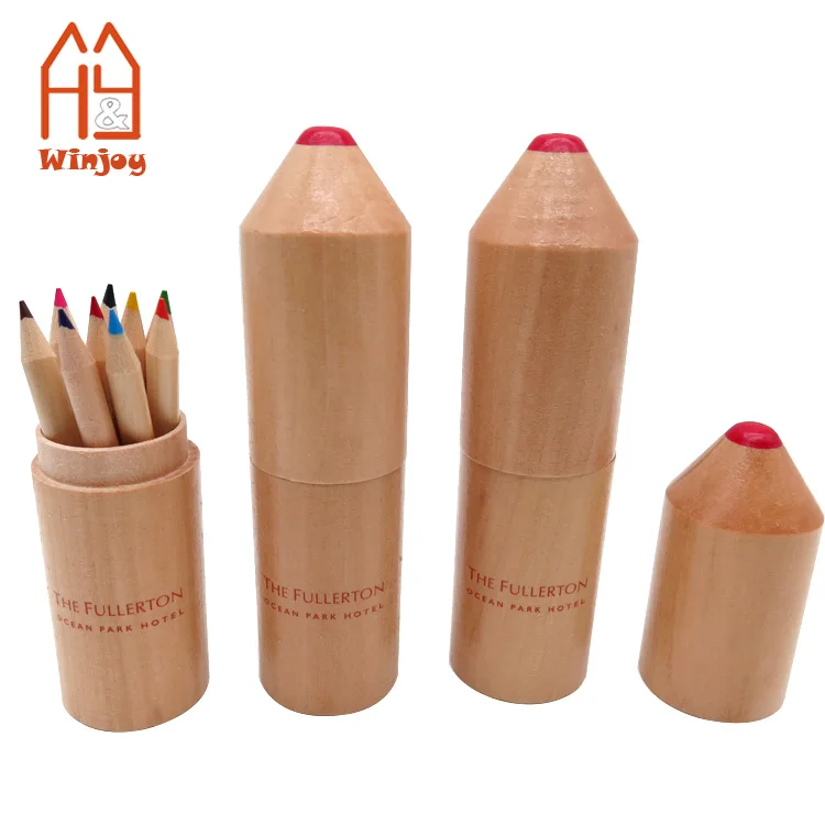 Custom Natural Wood Colored Pencil Set Wooden Tube Box With Customized Logo Print,Promotional Gift Drawing Set For Kids