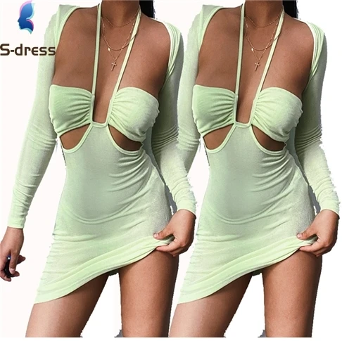 Fashion false two pieces long sleeve sexy short skirts woman clothing solid color hollow out dress D10874