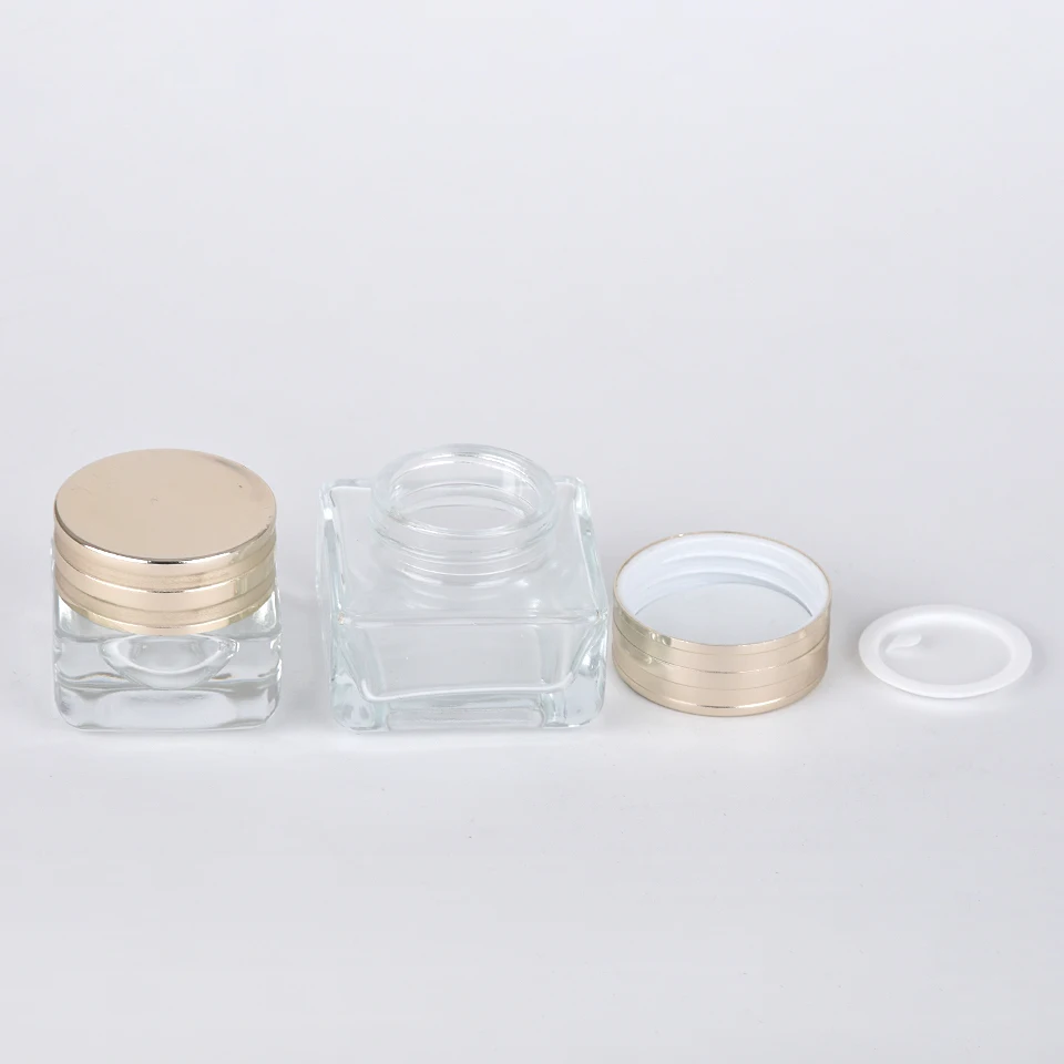 Luxury Cosmetic Container 30ml 50ml Makeup Set Square Shape Clear Glass Serum Bottles With Gold Dropper Cap