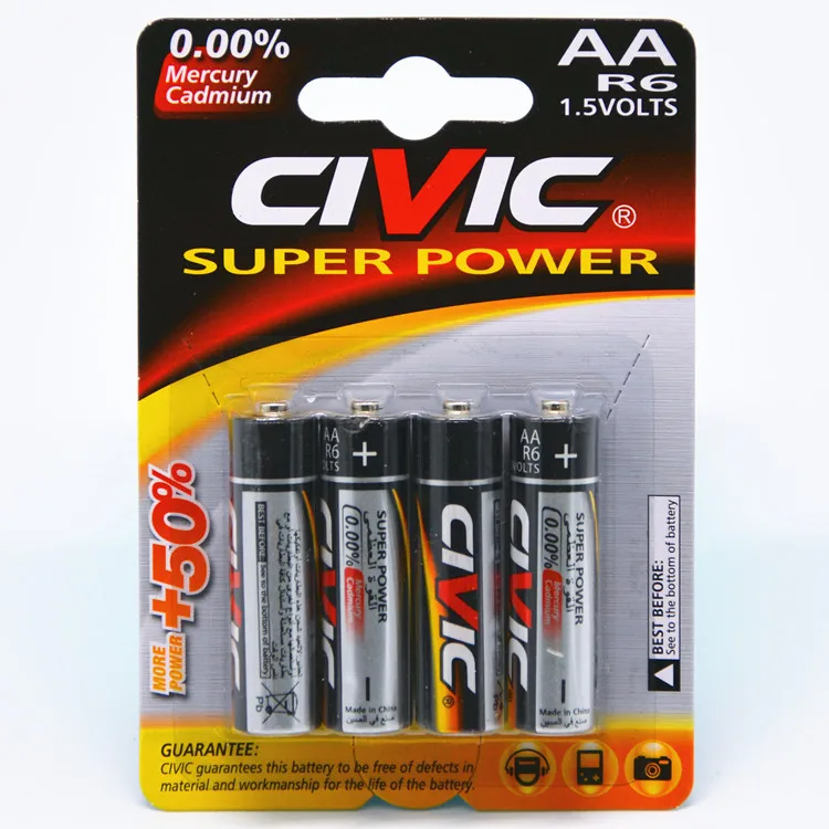 Super Power 1.5V R6P AA UM-3 Zinc Carbon Battery Remote Control Toys ROHS Certified Cylindrical Aluminum Home Appliance Clocks