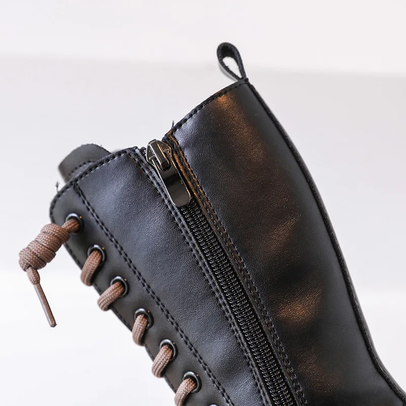 Girls High Boots Kids Fashion Solid Black Uniform Party Shoes Zip Winter Warm Breathable Low Heels Children Boots