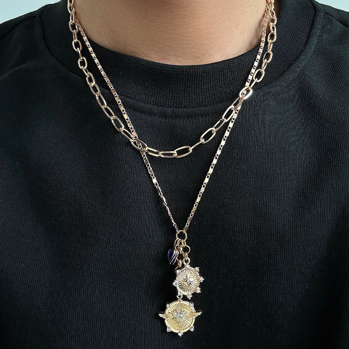 2Pcs/Set Punk Multi-element Wing Coin/Heart Pendant Necklaces for Male Trendy Cuban Link Chain on Neck Fashion Men Jewelry Gifts