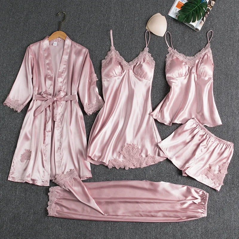 wholesale ladies Pajamas 5Pcs Set Satin Silk Home Suit Clothing Embroidery Plus size V-Neck Lace women Sexy Sleepwear