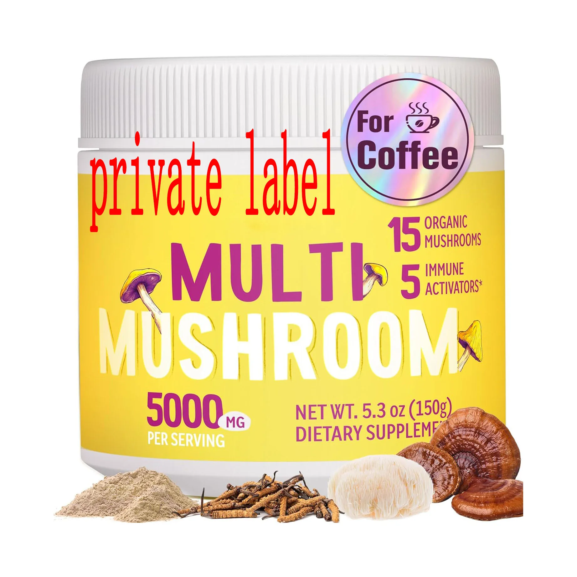 Mushroom Powder 5000mg for Mushroom Coffee Lions Mane, Reishi, Cordyceps Chaga, Turkey Tail & Herbs Complex for Immunity, Energy